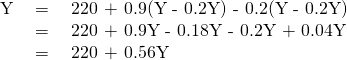 \begin{array}{llll}\text{Y}& \text{ = }& \text{💲220 + 0.9(Y - 0.2Y) - 0.2(Y - 0.2Y)}& \phantom{\rule{0ex}{0ex}}\\ & \text{ = }& \text{💲220 + 0.9Y - 0.18Y - 0.2Y + 0.04Y}& \phantom{\rule{0ex}{0ex}}\\ & \text{ = }& \text{💲220 + 0.56Y}& \\ & & & \phantom{\rule{0ex}{0ex}}\\ & & & \phantom{\rule{0ex}{0ex}}\end{array}