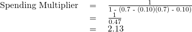 \begin{array}{rcl}\text{Spending Multiplier}& \text{ = }& \frac{\text{1}}{\text{1 - (0.7 - (0.10)(0.7) - 0.10)}}\\ & \text{ = }& \frac{\text{1}}{\text{0.47}}\\ & \text{ = }& \text{2.13}\end{array}