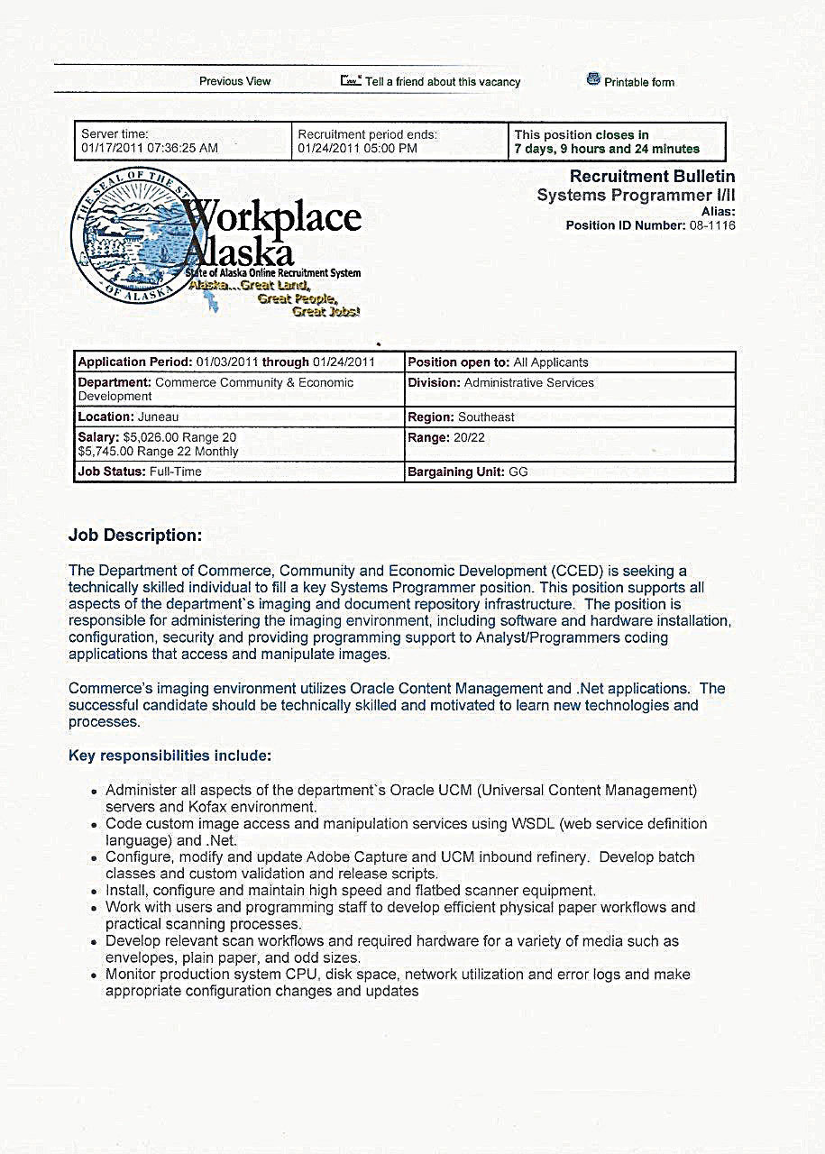 A sample Job description from Workplace Alaska