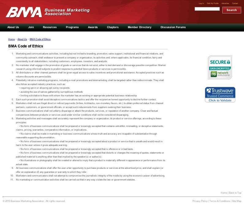 Business Marketing Association (BMA) website screen shot