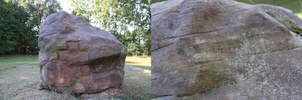 Image at left shows a large rock with a cross carved into it. Image at right is a closeup, showing the incription J. N. Hall.
