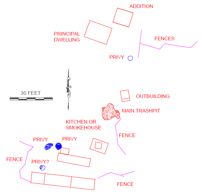 Map showing locations of various dwellings, fences and trash pits.
