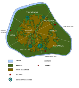 Map of the island of Mangaia showing the six tribal districts.