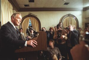 Al Haig, former Secretary of State, speaks to the press about President Ronald Reagan's condition after being shot on March 30, 1981