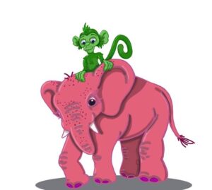 A picture of a green monkey riding a pink elephant