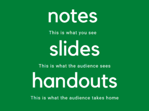 Notes, slides, and handouts, they have different purposes.